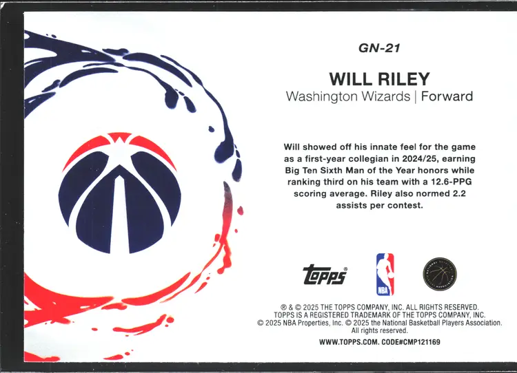 Will Riley 2025 Topps Generation Now Rookie Card Wizards
