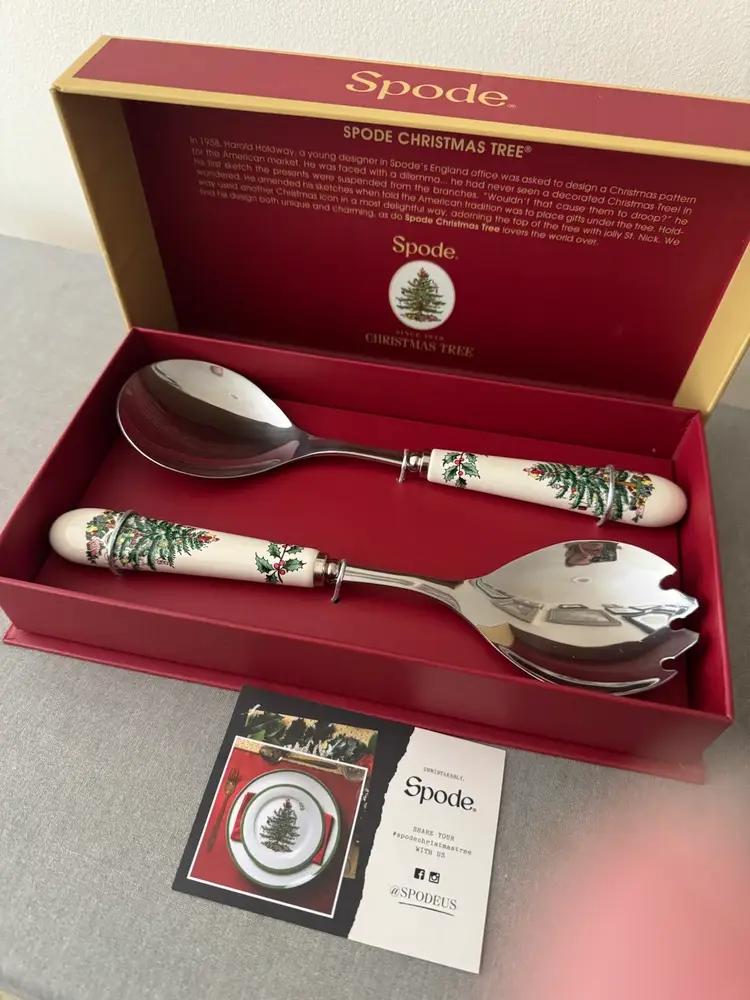Elegant salad servers with festive Christmas tree design. By Spode
