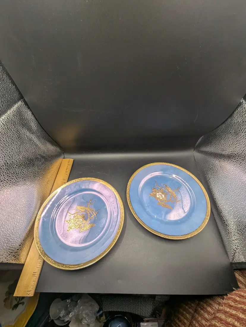 Set of 2 Antique Noritake Blue Lusterware Gold Embossed Bird Flowers Salad/Dessert Plates 7.5" N837.