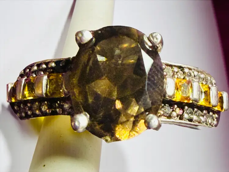 Sterling Silver Smokey Topaz Citrine & Diamond Ring Size 9