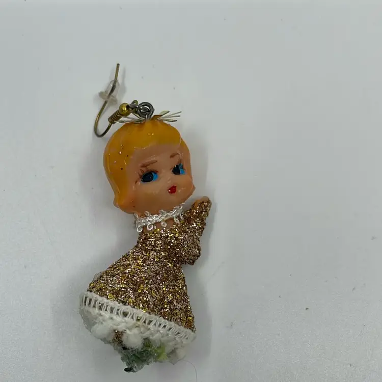 Pair Of Vintage Gold Glitter Angel Christmas Pierced Earrings