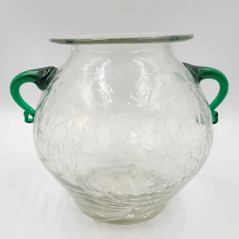 Vintage Blenko Glass 375 Crystal Crackle Vase/Urn With Applied Emerald Handles