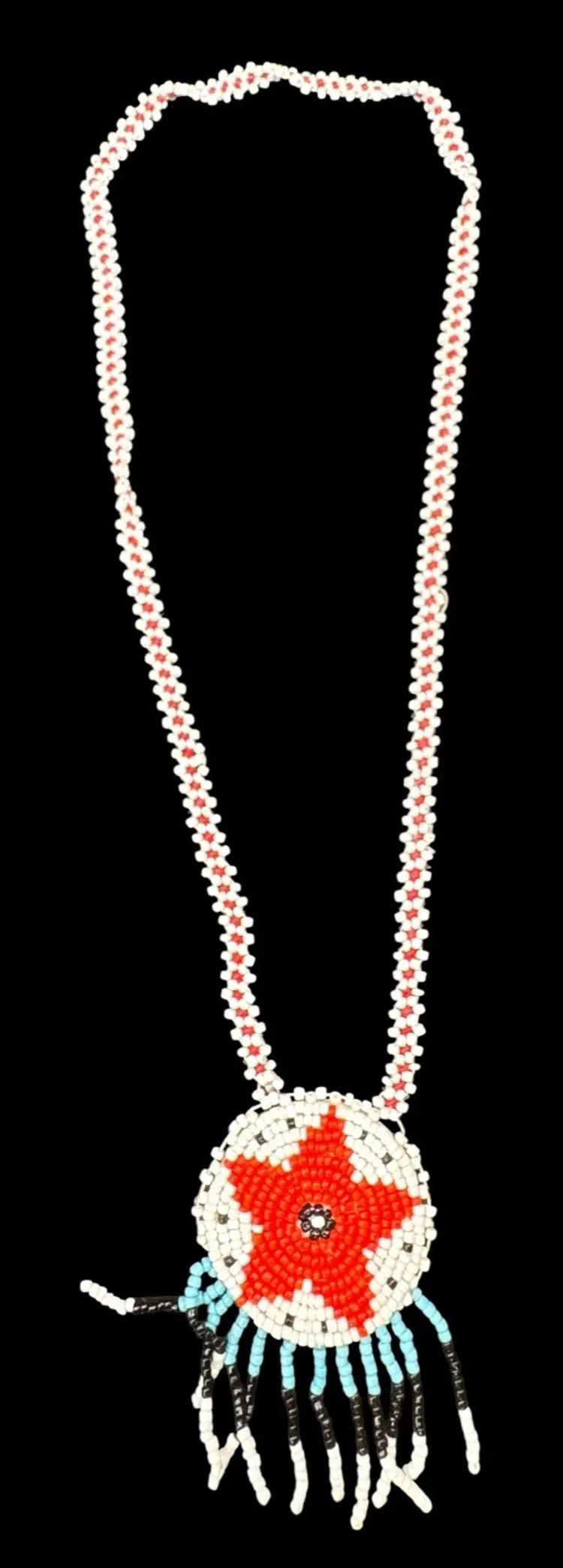 Handmade Native American Seed Bead Star Medallion Necklace Red White Blue 24”