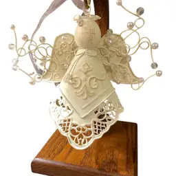 Christmas Angel Off White Distressed Metal Ornament  6" H 7" Wing To Wing