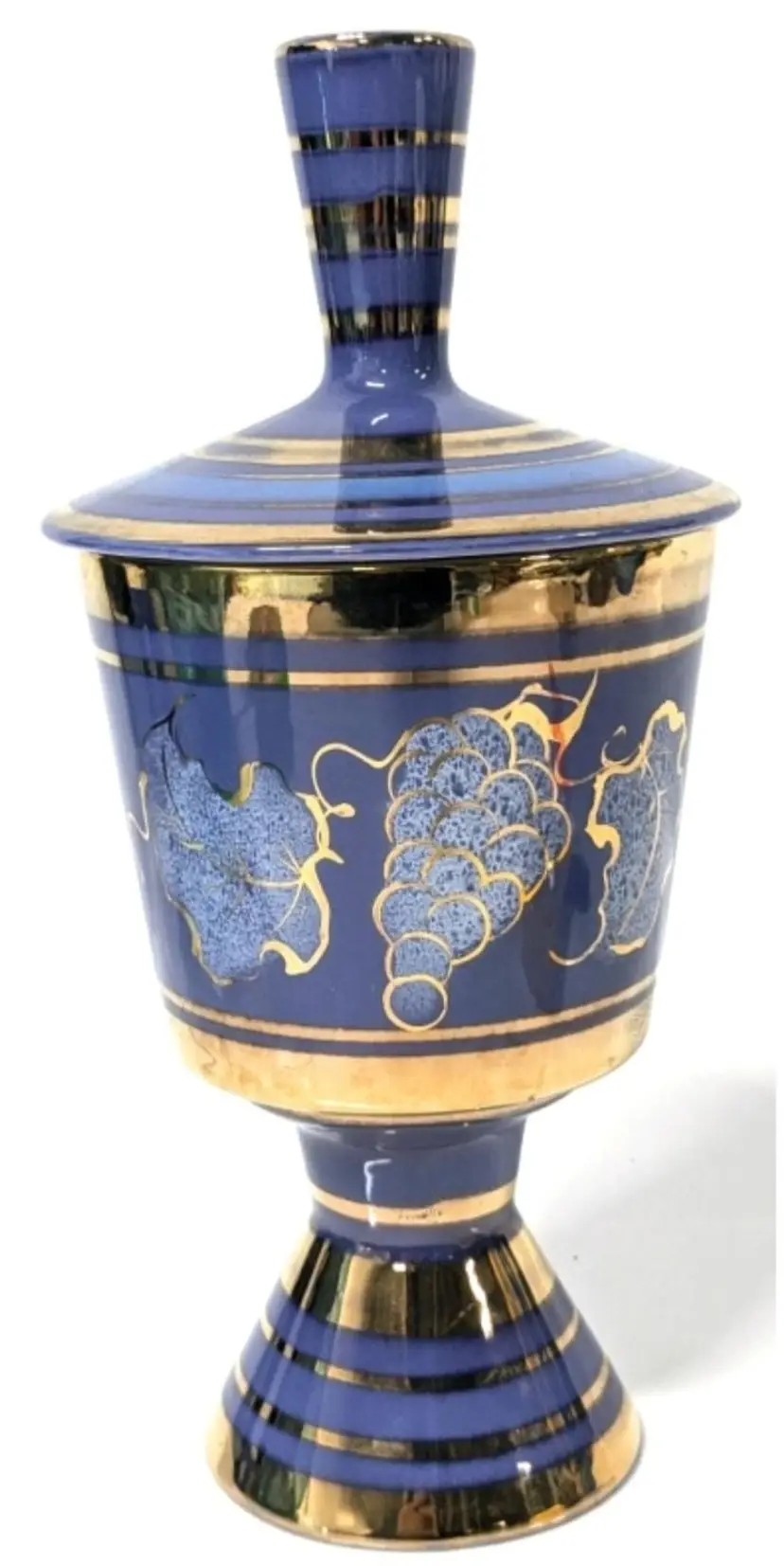 Mid Century Modern Vee Jackson Hand Decorated Violet Ceramic Chalice Jar With Lid