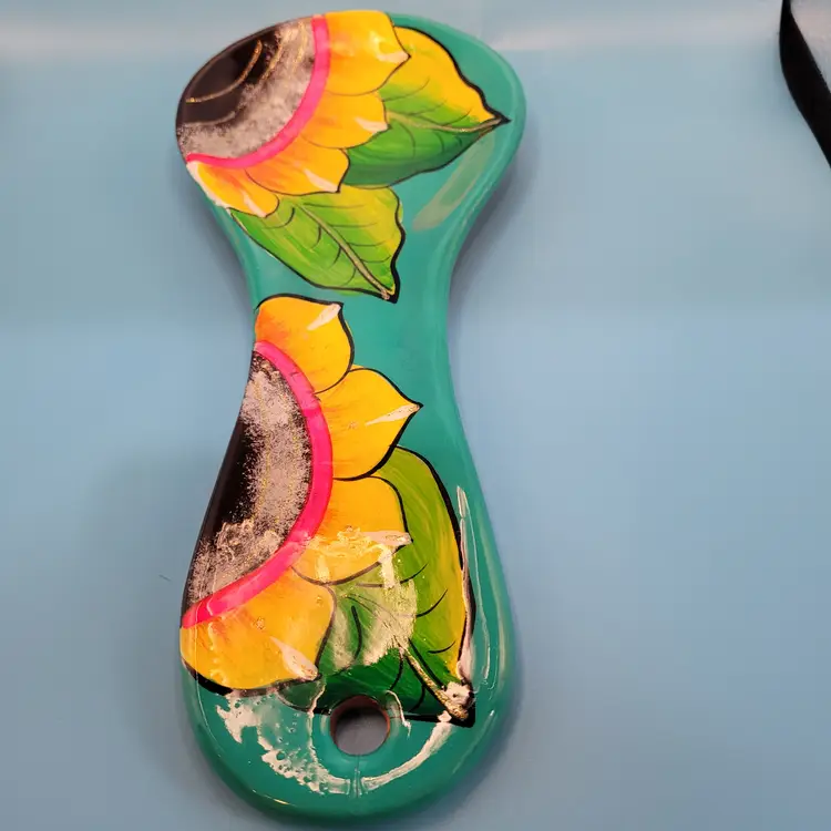 Mexican Spanish Pottery Spoon Rest Floral Colorful 4.25 x 10 in