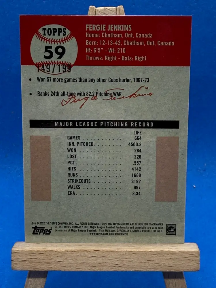 2022 Topps Chrome Platinum Fergie Jenkins #59 Blue Mini Diamonds /199 Chicago Cubs A83