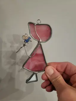 Vintage Stained Glass Sun Catcher Girl With Bonnet and Flowers Pink Handmade