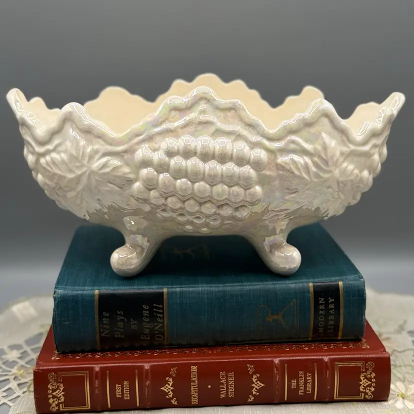 Vintage Iridescent Ceramic Grape Bowl - Signed Centerpiece/Planter 11”x5”