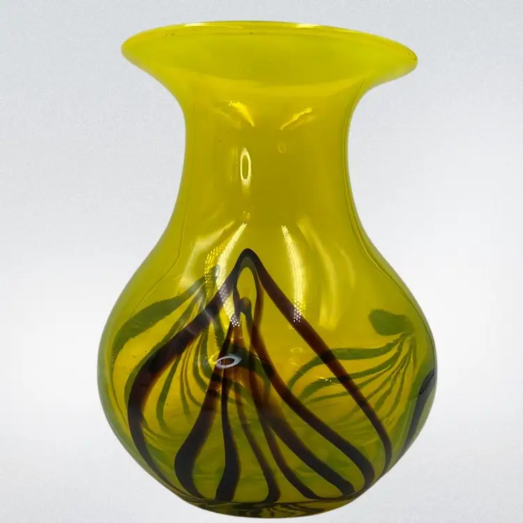 Bright Yellow Swirl Vase 6.5” x 5” *Glowy*