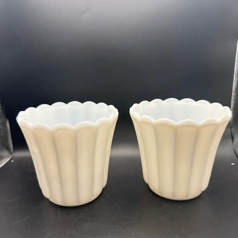 Vintage Pair of Scalloped Fluted White Milk Glass Planters Mid Century Vases