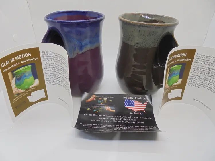 Clay In Motion Original Handwarmer Mugs Left and Right Made in Walla Walla, Washington USA