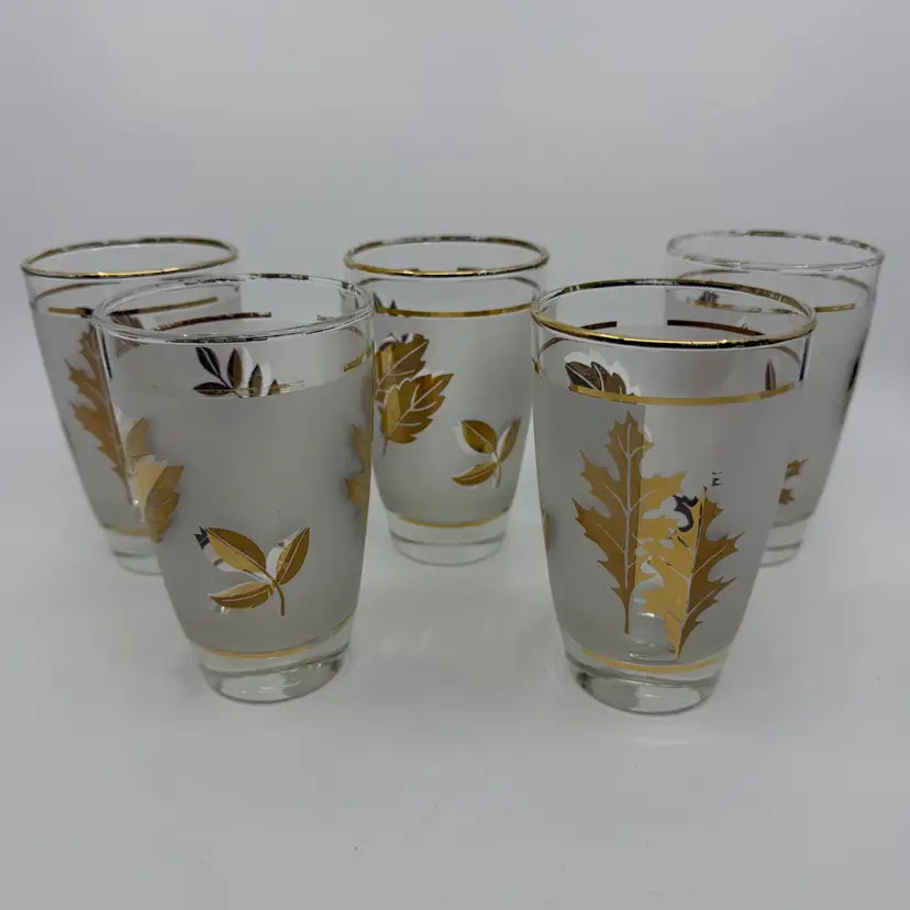5 Vintage Libbey Frosted w/ Gold Leaf Glasses Frosted Glass W Gold Foliage 4.5”