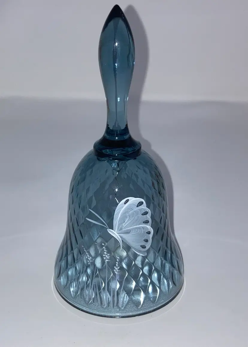 FREE Shipping within the US! Vintage Fenton Light Blue Diamond Optic Hand Painted Butterfly And Floral Bell! Embossed And Signed Amy S! 6 3/4” Tall  3” Wide!