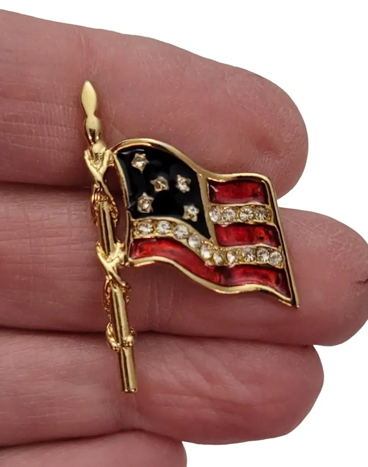 Carolee Red Blue Enamel Clear Rhinestone Flag Patriotic US Pin, Signed E729