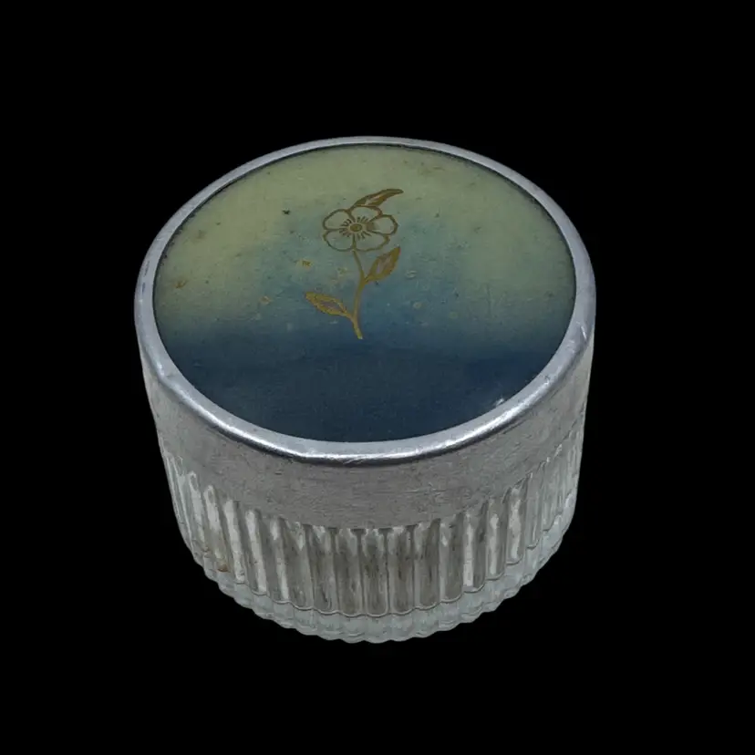 Vintage fluted metal and glass powder box with floral lid