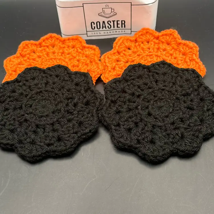 Handmade Crochet Coaster Set of Four Orange & Black
