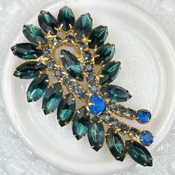 Blue And Green Rhinestone With Gold Tone Brooch