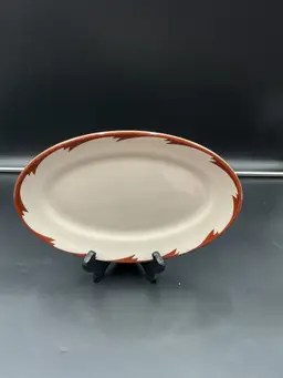 Diner china bundle. Platter 12x8.5 inches, brown rim and small vase.