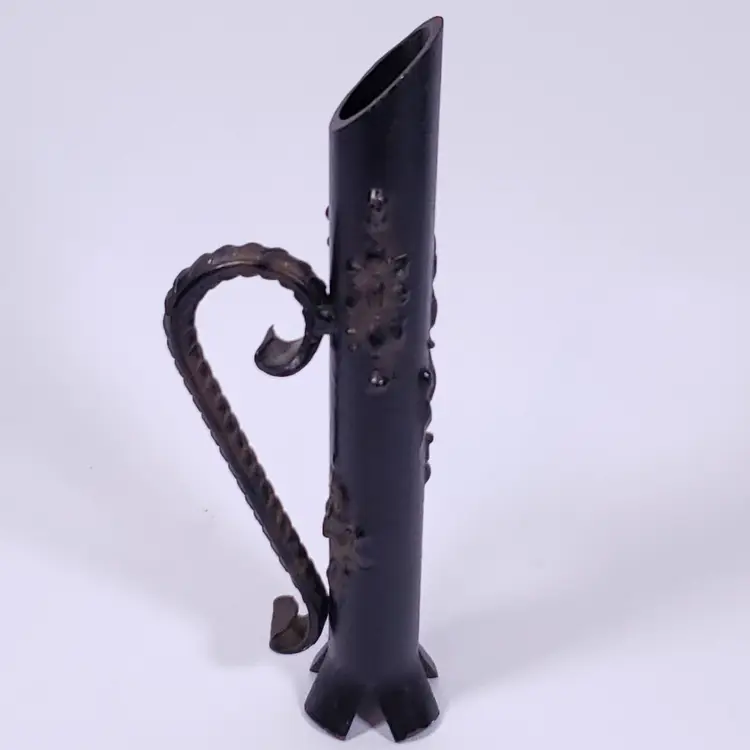 Vintage BRUTALIST HAND FORGED Black Brushed Bronze Drip Footed METAL BUD VASE