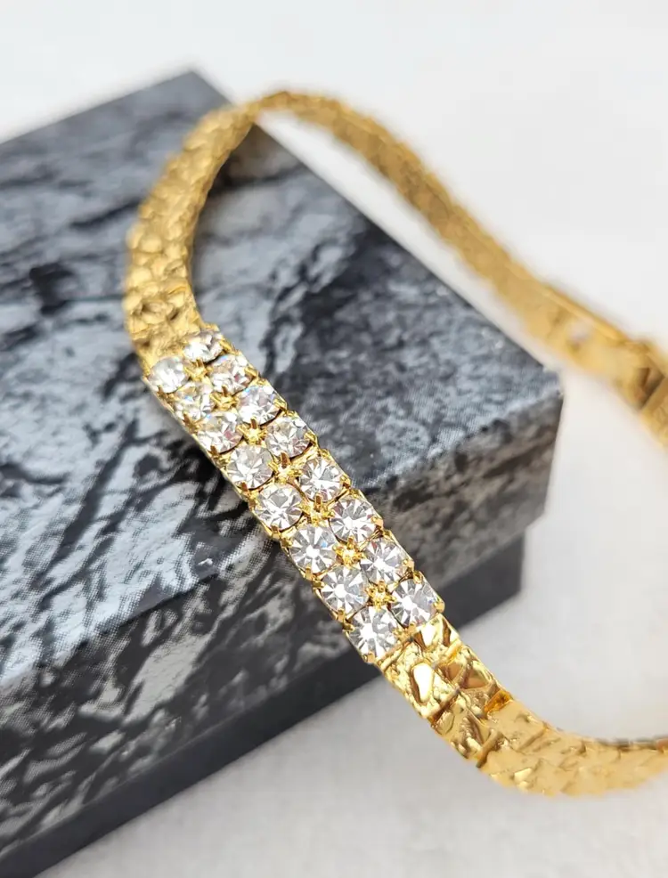 NOS Vintage Gold Nugget Plated CZ Lindenwold Bracelet In Box 7.5"