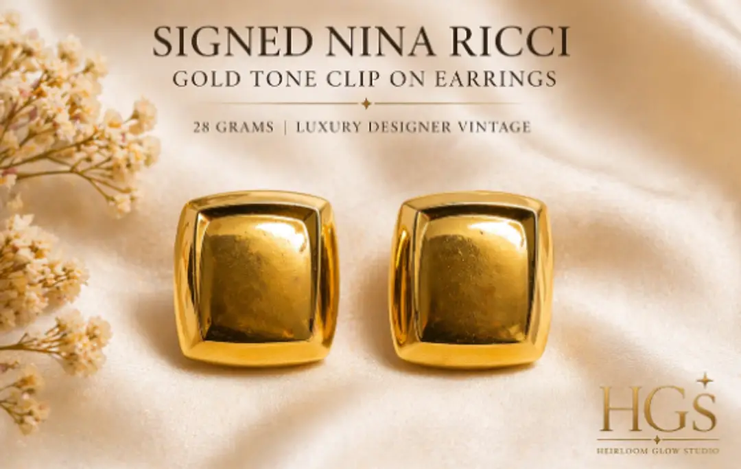💎Signed Nina Ricci Gold Tone Clip On Earrings Sculpted Square Designer Statement
