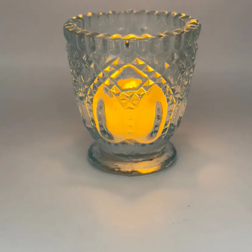 Vintage Blue Pressed Glass Votive Tealight Holder, Intricate Pattern Design, Unbranded, #2