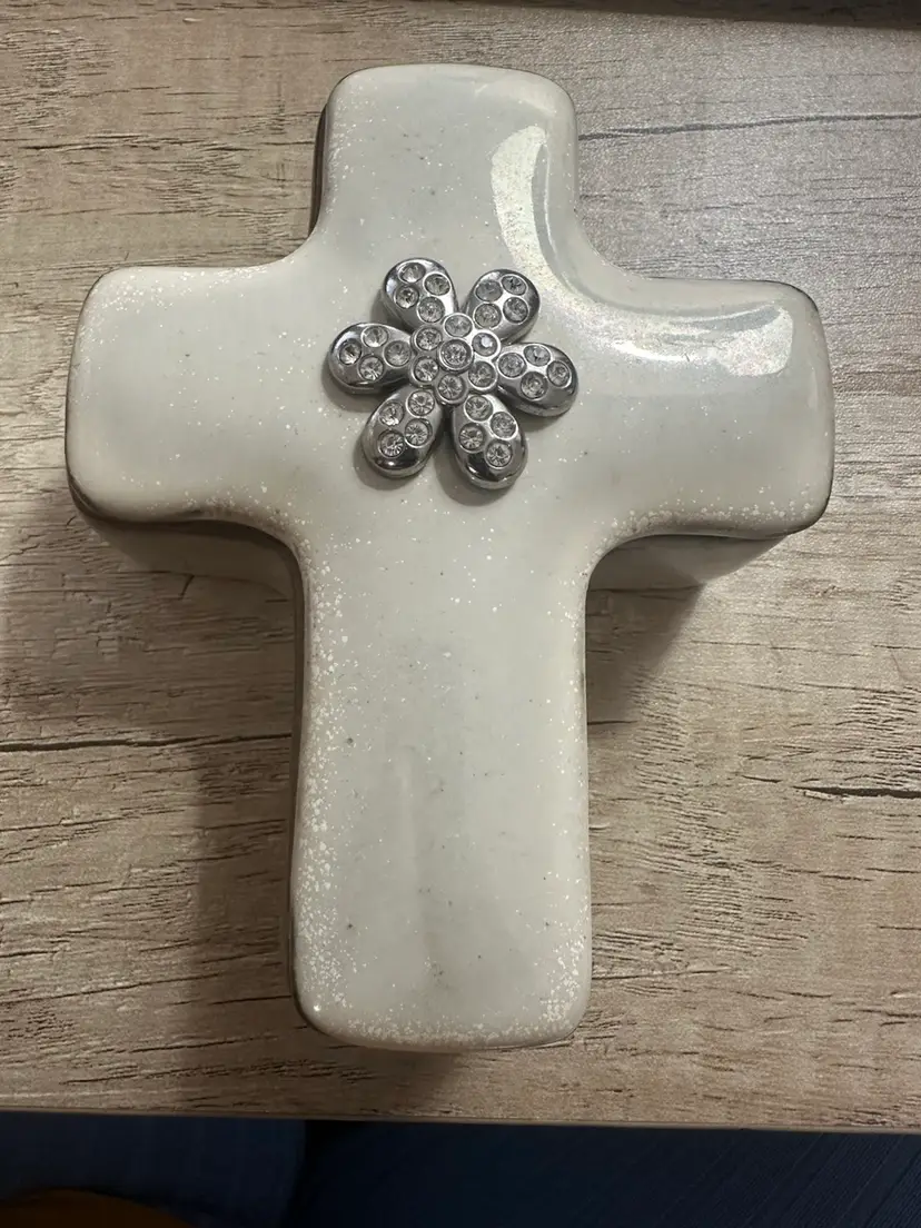 Stoneware Cross Trinket Box Rhinestoned flower on lid ,  White Wash Glazed