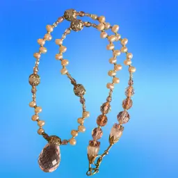 Beautiful Necklace With Fresh Water Pearls, Crystal Beads With A Touch Of Pink Beads And Large Crystal Teardrop  Crystal With A Touch Of Pink