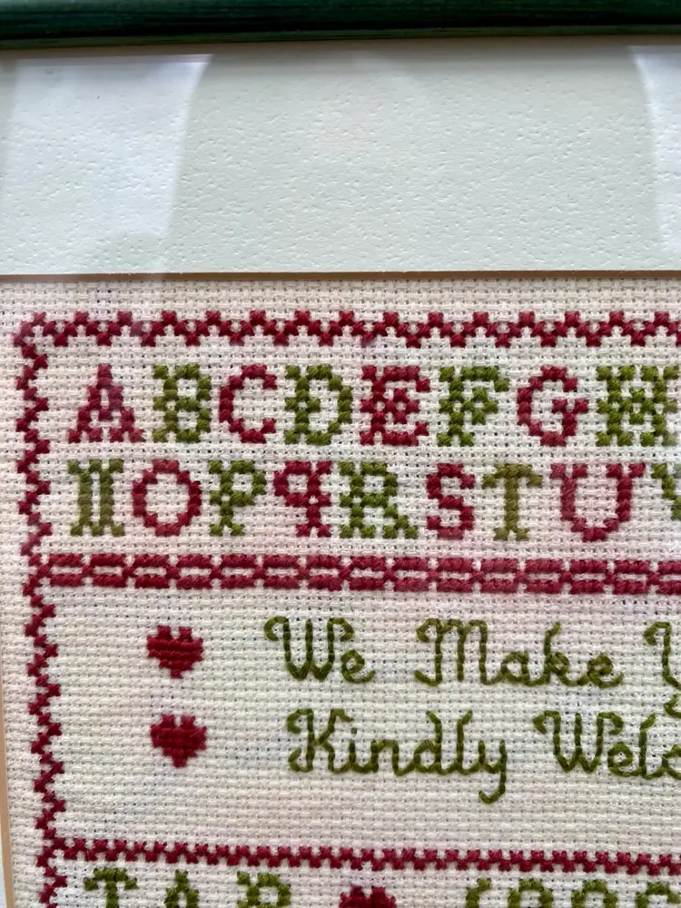 Vintage Amish "Welcome" Sampler, Cross Stitched, Professionally Framed, 11" x 9"