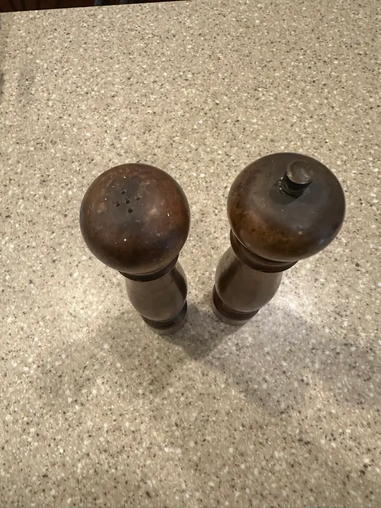 Vintage wooden salt, shaker, and pepper grinder, made in Japan