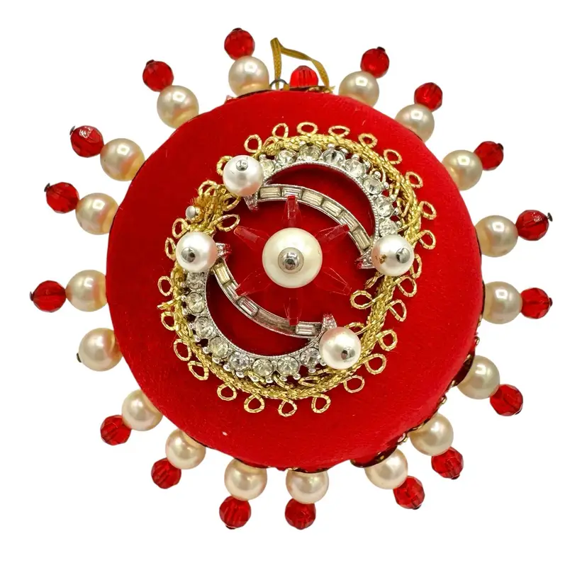 Vintage Handmade Red Push Pin Ornament Christmas Holiday Beads Velvet 3.5”