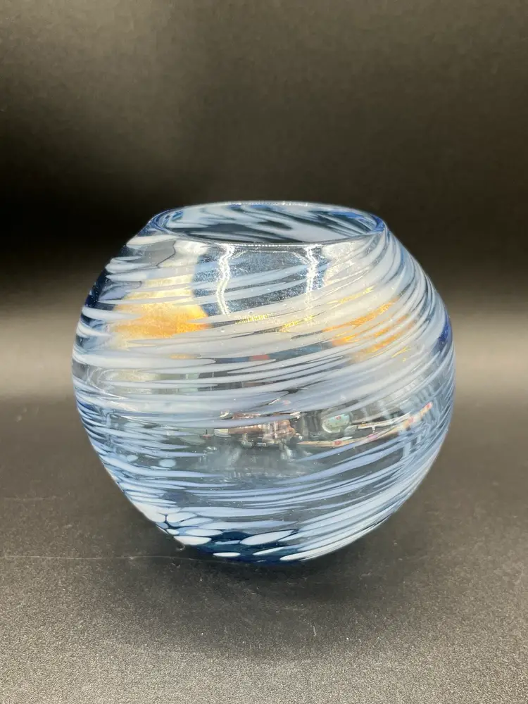 Blue Blown Glass White Speckled Sale Bulbous Rose Bowl Vase 4”