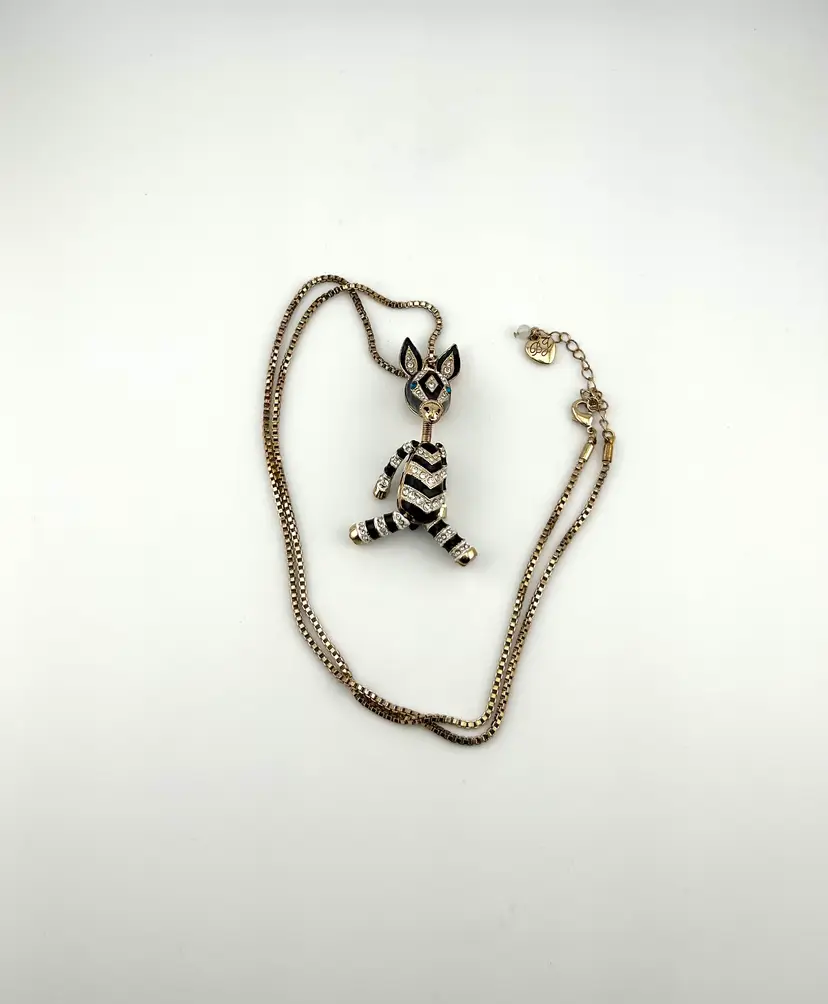 Betsey Johnson Gold Tone Rhinestone Zebra Necklace 28”