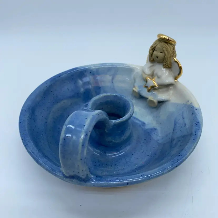 #3410 Handmade stoneware pottery chamber stick candle holder with angel figure Spaghetti Hair Signed