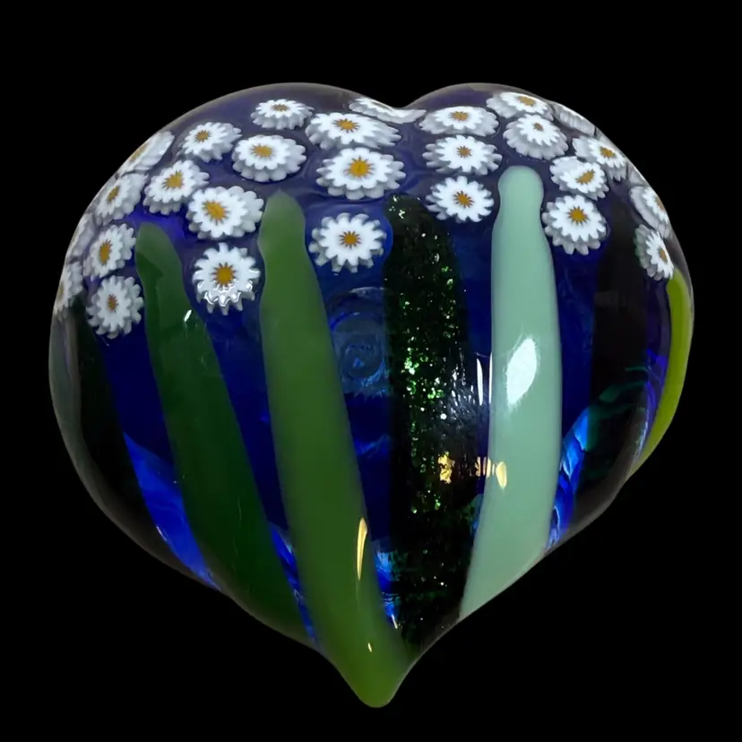 Mad Art Glass Floral Bunch Heart Shaped Art Glass Paperweight Signed