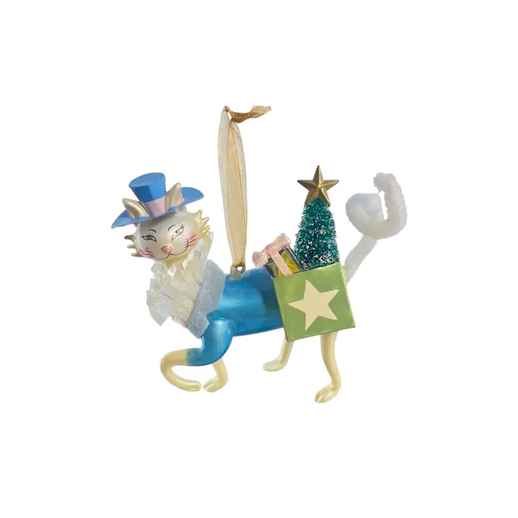 Alley Cat OrnamentChristmas Decor Fancy Mercury Blown GlassBlue Hat Tree In The Style Of Margaret Le VanKitten Kitty Collectible Christmas Holiday Hosting Party Celebration Winter GiftThanksgiving Harvest Autumn Halloween Party Celebration Gift Mothers Day Anniversary Birthday