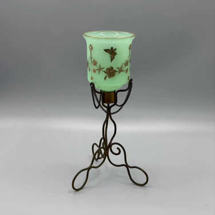 Antique Uranium Green Opaline Glass Footed Pedestal Votive Wire Stand Hand Painted Gold Tone Butterflies Leaf Berry Swag Chain