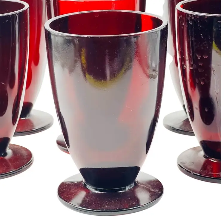 6 ROYAL RUBY RED FOOTED GLASSES TUMBLERSBy Anchor Hocking USA 1938-1977Holiday Hosting