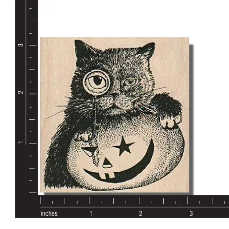 Cat With Monocle and Pumpkin Halloween Rubber Stamp