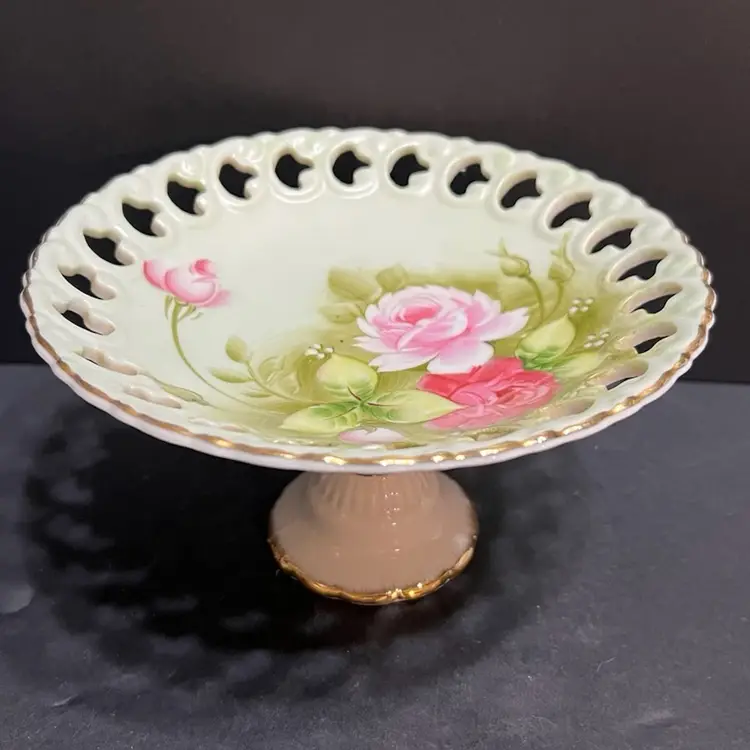 Lefton China Vintage Hand Painted Roses Reticulated Compote Pedestal Dish, Japan ~4.25” x 7.25” diameter