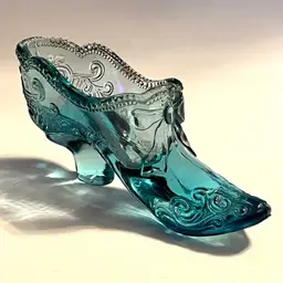 Vtg Mosser Glass Shoe Victorian Style Bow & Swirl Aqua Blue Slipper High Heel