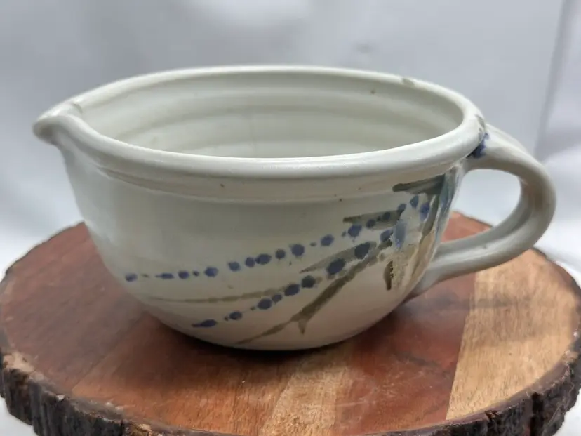 Pottery Measuring Bowl w Spout Signed Hand Painted Abstract Floral Design