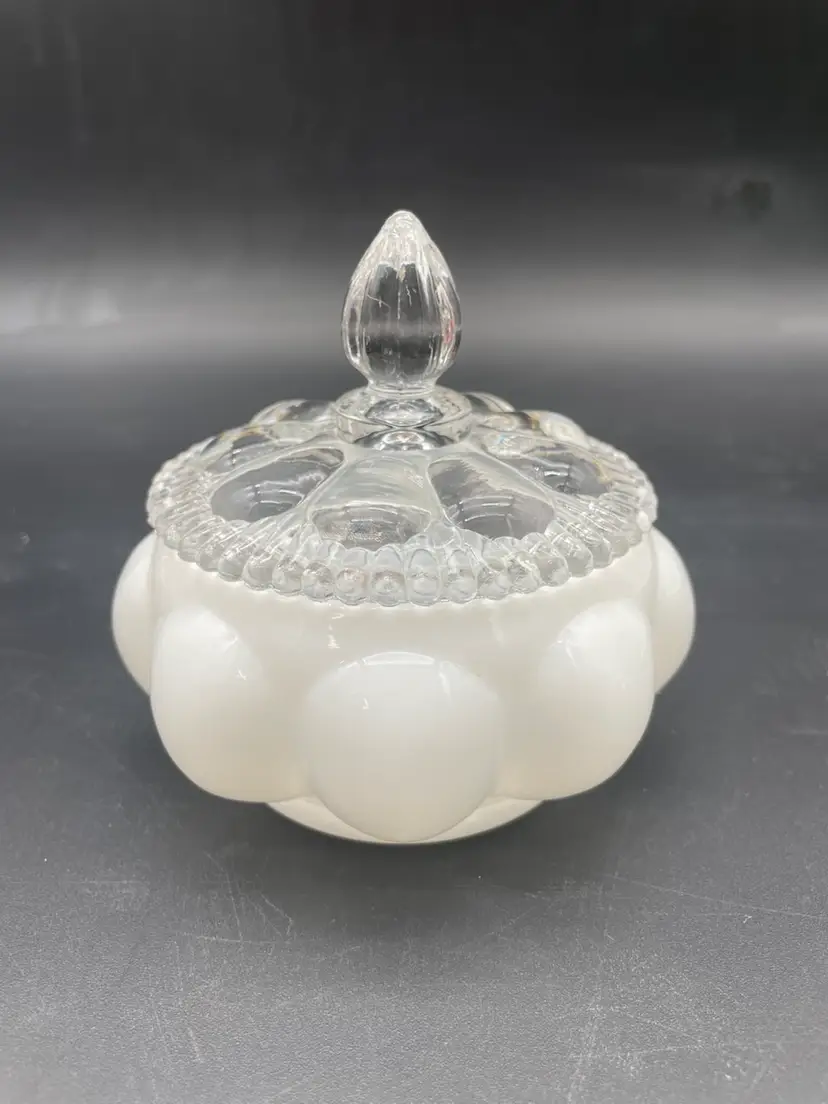 Fenton White Opalescent Melon Lidded Trinket Jar, Candy Dish Or Powder Puff Jar