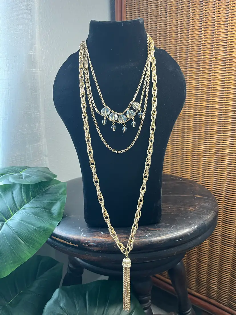 #J44 - Multi Layer Gold Tone Necklace Glass & Tassel - About 28"