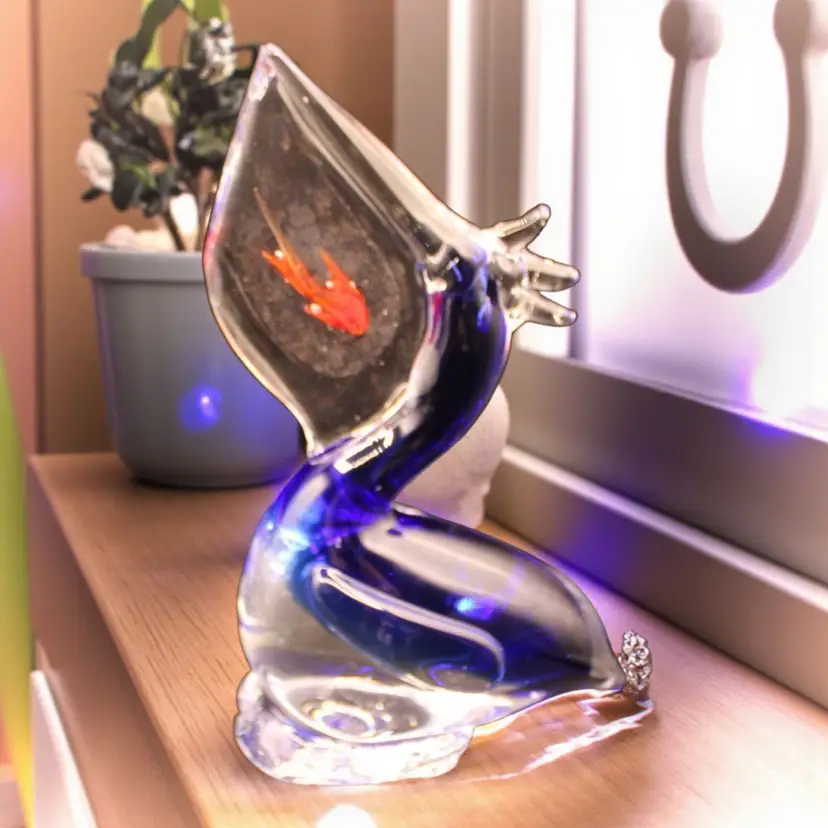 Blue Art Glass Pelican with Gold Fish Figurine 8” Tall
