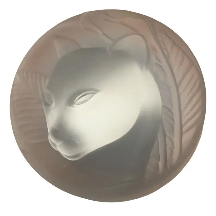 Vintage Crowning Touch Frosted Jungle Cat Paperweight w/3D Relief-etched Panther Head Surrounded By Foliage 1.5” X 3.5”-READ