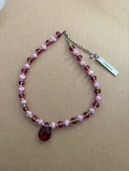 Breast Cancer Awareness / Survivor Necklace - Glass Beads In Pinks And Silver Tone With Teardrop Pendant And Silver Tone Survivor Charm.