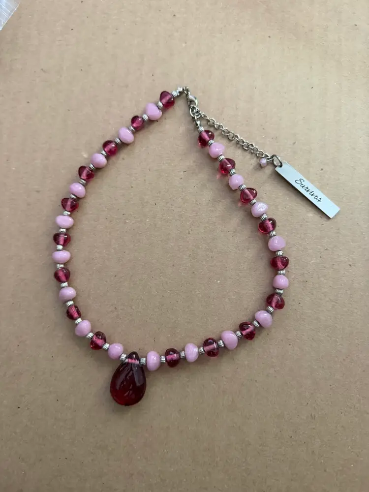 Breast Cancer Awareness / Survivor Necklace - Glass Beads In Pinks And Silver Tone With Teardrop Pendant And Silver Tone Survivor Charm.