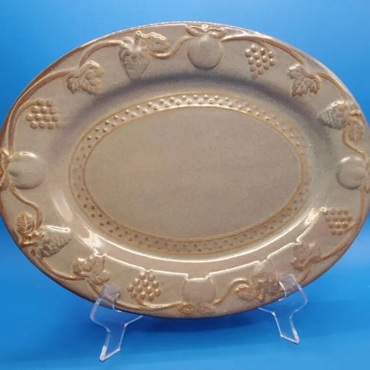 Vintage Gibson Ceramic Grape Embossed Stoneware Platter Sage Green 14"x10-1/2"